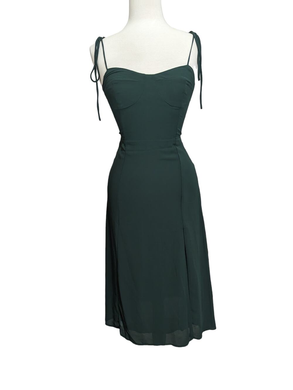 New Hunter Green Tie Spaghetti Straps Dress Front Slit Size S Back Zipper